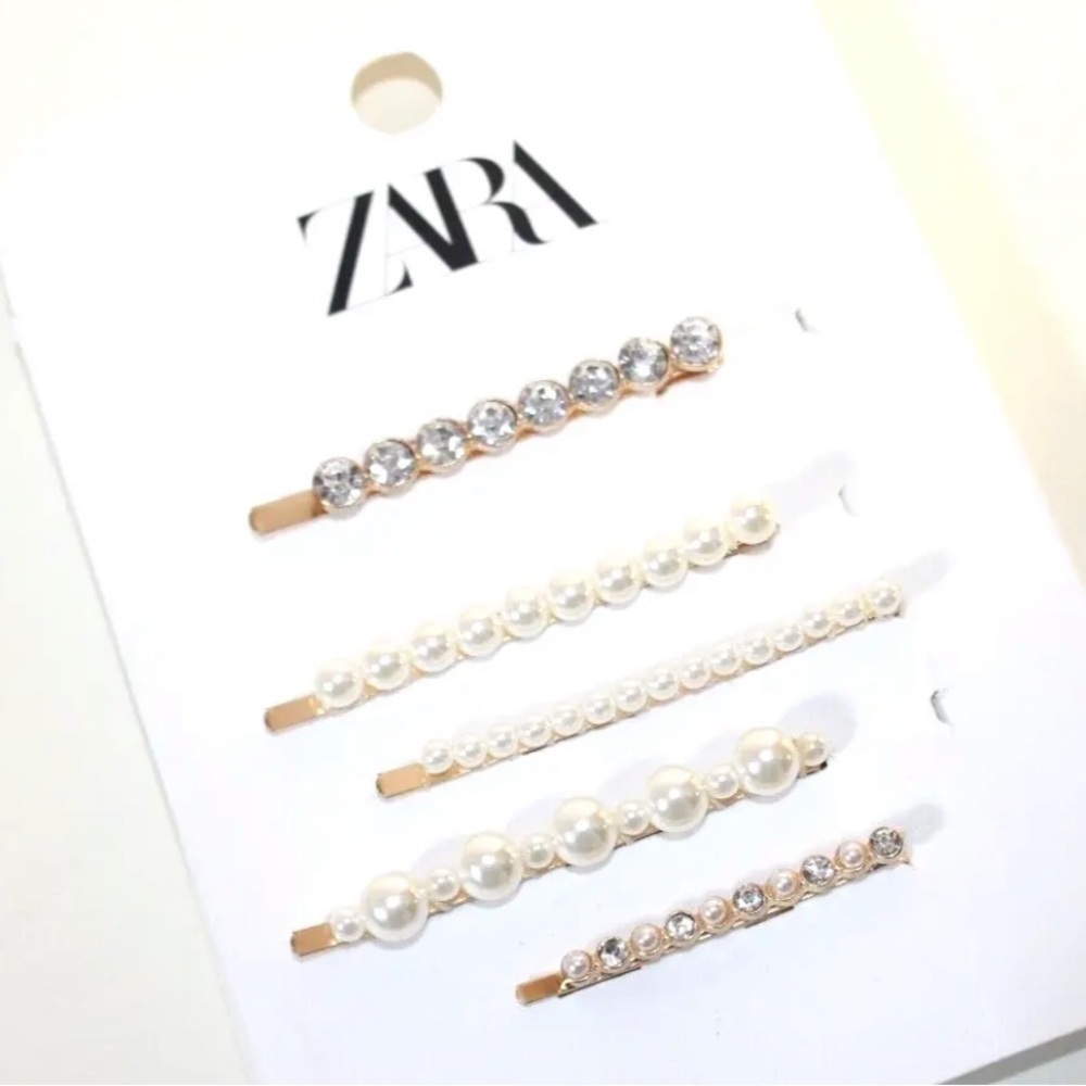 NWT ZARA 4 HAIR CLIPS WITH CLEAR CRYSTALS AND FAUX PEARLS GOLD TONE